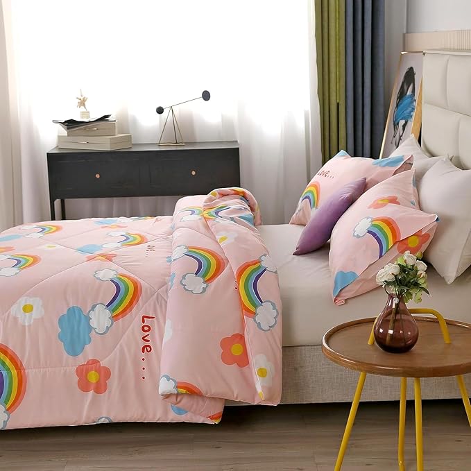 3PCS Rainbow Comforter Set Full, Cute Pink Full Size Flower Cloud and Rainbow Comforter Aesthetics, Super Soft and Comfort Microfiber, Kawaii Girls’ Bedroom Decor for Kids, Teens, Children, Women