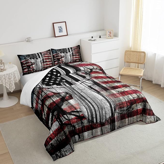 Feelyou American Flag Deer Antlers Bedding Set Hunting Camping Comforter Set for Kids Boys Girls USA Flag Comforter Tree Branch Inner Fill Duvet Set 1 Comforter Set with 2 Pillowcases Full Size
