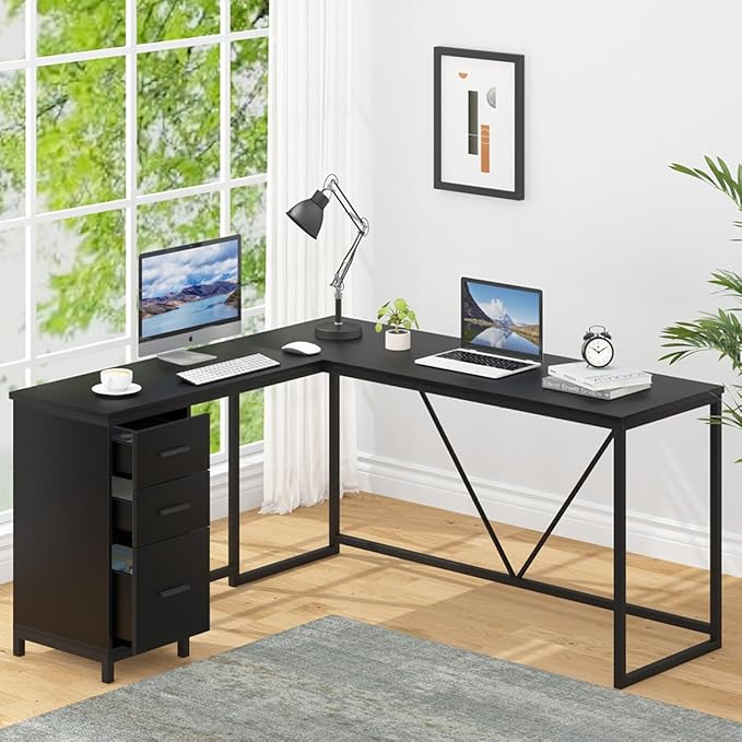 HSH Large Black L Shaped Desk, Corner Wood Computer Desk with Drawer, Modern Work Home Office Desk with Storage Cabinet, Industrial Executive PC Study Writing Desk for Living Bedroom, Black, 59 Inch
