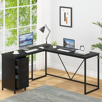 HSH Large Black L Shaped Desk, Corner Wood Computer Desk with Drawer, Modern Work Home Office Desk with Storage Cabinet, Industrial Executive PC Study Writing Desk for Living Bedroom, Black, 59 Inch