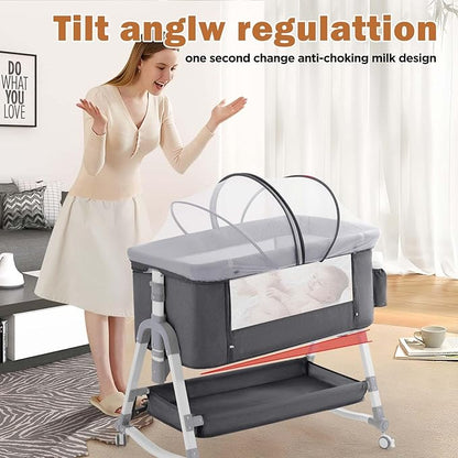 4 in 1 Baby Bassinet,Easy Folding Portable Bedside Crib with Comfy Mattress and Wheels,Height Adjustable Bassinet with Mosquito net Included,Grey