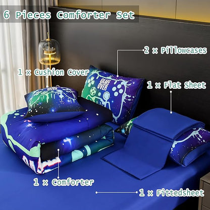 DORCAS Gamer Comforter Set with Sheets for Boys,Twin Size Gamer Bedding Set Boys,6 Pieces Graffiti Green Gaming Comforter Set for Boys Kids Teens(Green&Blue, Twin)