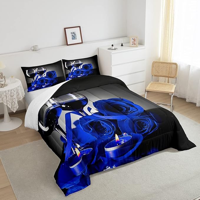 Girly 3D Rose Queen Comforter Set for Teens Rose Floral Wine Glass Bedding Sets Bedroom Decor Blue Flowers Down Comforter Couple Valentine's Day Duvet Insert Black Grey Quilted Comforter, 3Pcs