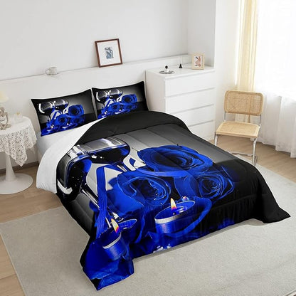 Girly 3D Rose Queen Comforter Set for Teens Rose Floral Wine Glass Bedding Sets Bedroom Decor Blue Flowers Down Comforter Couple Valentine's Day Duvet Insert Black Grey Quilted Comforter, 3Pcs