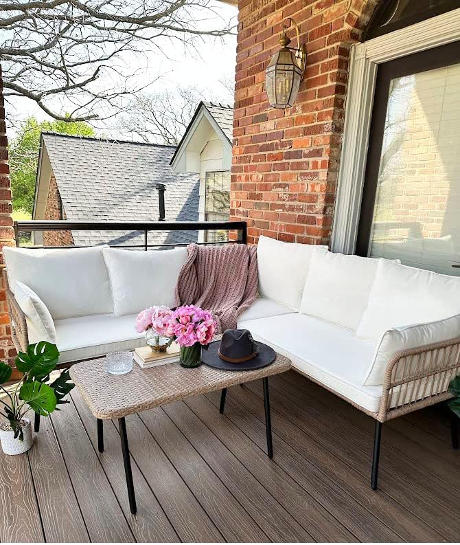 YITAHOME 4 Pieces Patio Furniture Set, Outdoor Rattan Woven Conversation Sectional L-Shaped Sofa with 5 Seater for Backyard, Porch, Boho Detachable Lounger with Cushions and Side Table - Beige