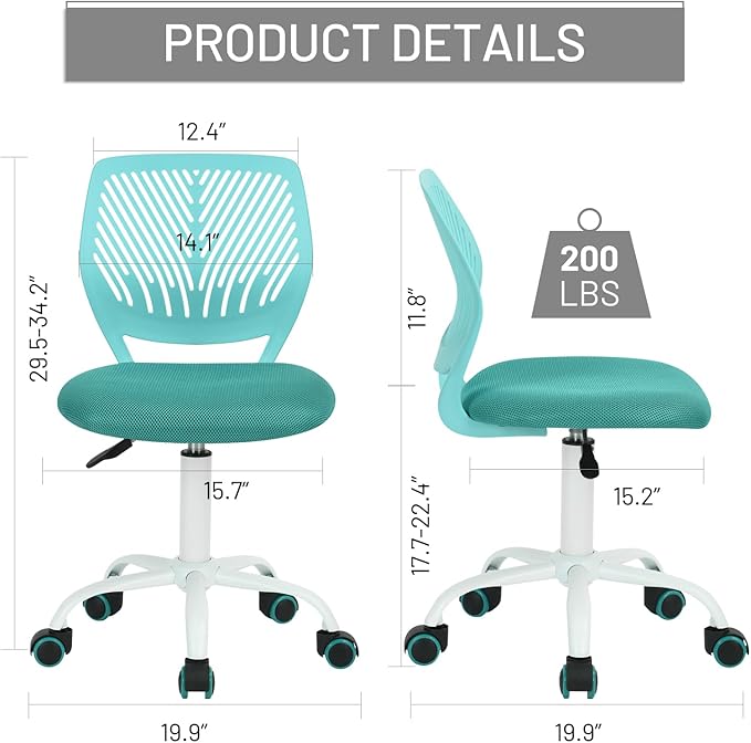 FurnitureR Desk Chair Small Study Chairs Armless for Child Kids Teens, Swivel Rolling Lightweight Task Chair with Wheels and Mesh Padded Cushion, Turquoise