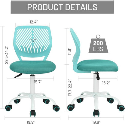 FurnitureR Desk Chair Small Study Chairs Armless for Child Kids Teens, Swivel Rolling Lightweight Task Chair with Wheels and Mesh Padded Cushion, Turquoise