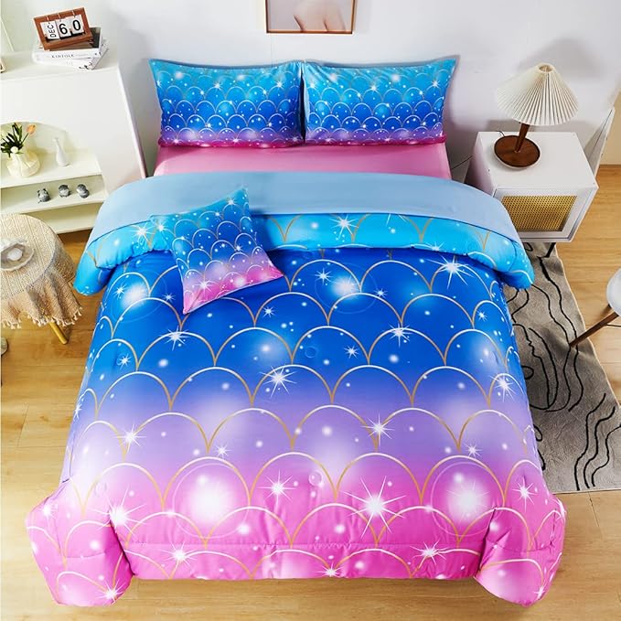 URBONUR 6 Pcs Mermaid Comforter Set Twin Size Gradient Pink and Blue Twin Bedding Sets for Girls/Kids/Teen, Colorful Glitter Printed Bed in a Bag Comforter with Sheet Set