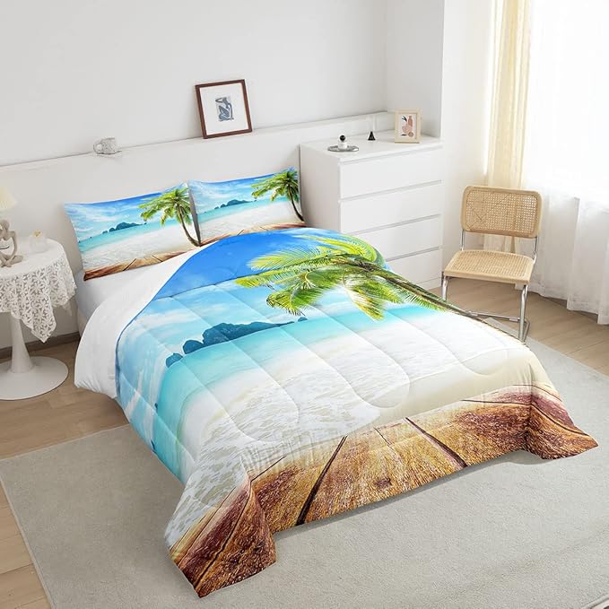 Beach Comforter Set Queen Size Ocean Bedding Set Tropical Palm Tree Hawaii Ocean Duvet Set Sunny Beach Coastal Nature Theme Duvet Set Sea Wave Mountain Brown Wooden Comforter Set 2 Pillowcases, Blue