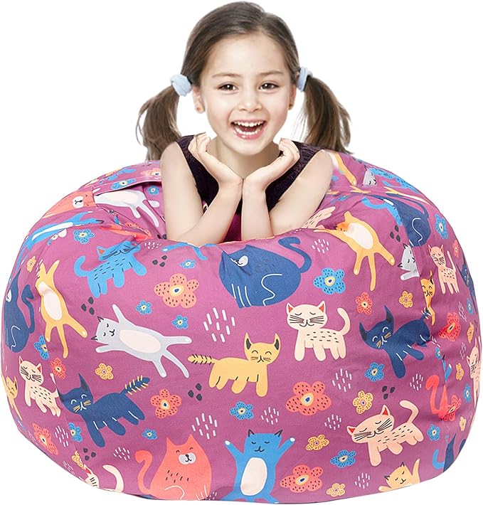 Stuffed Animal Storage Bean Bag Chair Cover, Hold Kids Plush Toys Blankets Towels Beanbag (Cover Only), Canvas Floor Circle Stuff Sit Seat Sofa with YKK Zipper, Extra Large 38", Cat