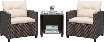 Greesum 3 Pieces Patio Furniture Sets Outdoor PE Rattan Wicker Chairs with Soft Cushion and Glass Coffee Table for Garden Backyard Porch Poolside, Beige
