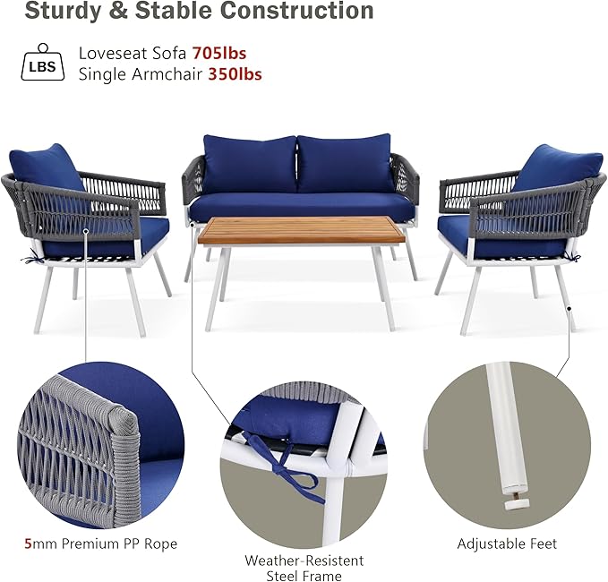 4-Piece Outdoor Patio Furniture Boho Rope Weave Set, Conversation Loveseat Sofa&Chairs with Acacia Wood Table and Thick Cushions, for Garden Backyard Balcony, Onesize, Navy Blue