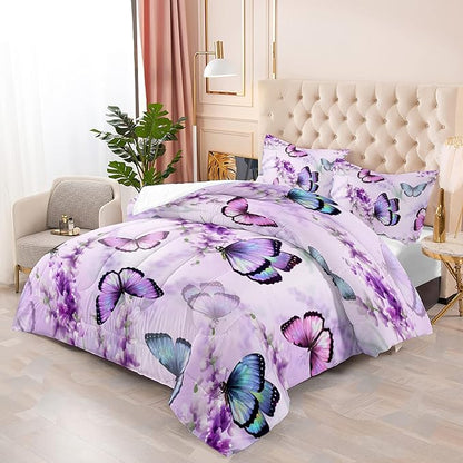 Purple Lavender Butterfly Comforter Set for Girl Kid Adult Colorful Butterfly Pattern Bedding Set Aesthetics Butterflies Quilt Bed Set Twin Size with 1 Comforter and 2 Pillowcases