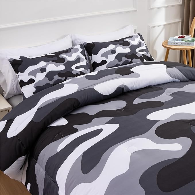 Meeting Story Camouflage Bedding Set, Colorful Pattern Style Comforter Set, 3 PCS One Comforter Two Pillowcases in One Bag, All Season Bedspread for Teens Adults (Grey,Full