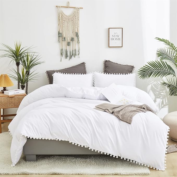 White Twin Comforter Girls Pom Comforter White Twin Bedding Set Boys 3 PCs Soft White Ball Pom Fringe Comforter Set 1 Twin Comforter (68x90 inches) with 2 Pillowcases (20x26 inches)