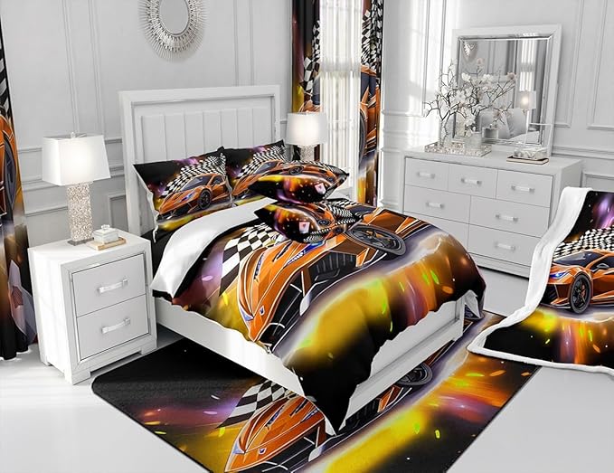 Sports Car Comforter Set Full Size, Orange Racing Car Bedding Set 3pcs for Kids Boys Teens Bedroom Cool Speed Luxury Car Decor, Black White Plaid Grid Print Quilt Set with 2 Pillowcases