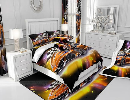 Sports Car Comforter Set Full Size, Orange Racing Car Bedding Set 3pcs for Kids Boys Teens Bedroom Cool Speed Luxury Car Decor, Black White Plaid Grid Print Quilt Set with 2 Pillowcases