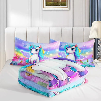 Kid Unicorn Comforter Set Twin/Full/Queen Size 3Pcs Butterfly Rainbow Flower Star Pattern Quilt Bedding Set for Boys Girls with 1 Comforter and 2 Pillowcases