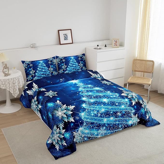 Feelyou Girls Christmas Tree Comforter Set Blue Xmas Theme Comforter Queen Chic Winter Snowflake Bedding Set for Girls Daughter Bedroom Decor Soft Girly Glitter Quilted Duvet Winter Warm Bedding