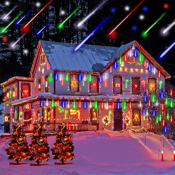 Kwaiffeo Icicle Christmas Lights Outdoor, Meteor Shower Lights 12 inch 8 Tube Cascading Lights for Xmas Tree Decor Wedding Party, Christmas Outdoor Decorations, UL Plug Multi Colored
