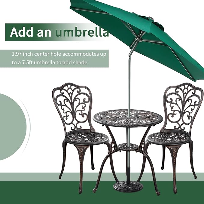 3 Piece Patio Set Metal Bistro Set,Cast Aluminum Outdoor Bistro Table and Chairs Set of 2 with Umbrella Hole,All Weather Patio Bistro Sets for Front Porch Set Garden,Backyard(Bronze)