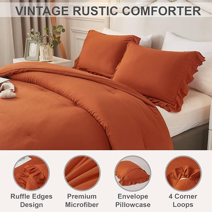 Andency California King Comforter Set Burnt Orange (104x96Inch), 3 Pieces Cal King Ruffle Comforter, Oversized Farmhouse Shabby Chic Bed Comforter, Lighteweight and Soft Microfiber Bedding Set