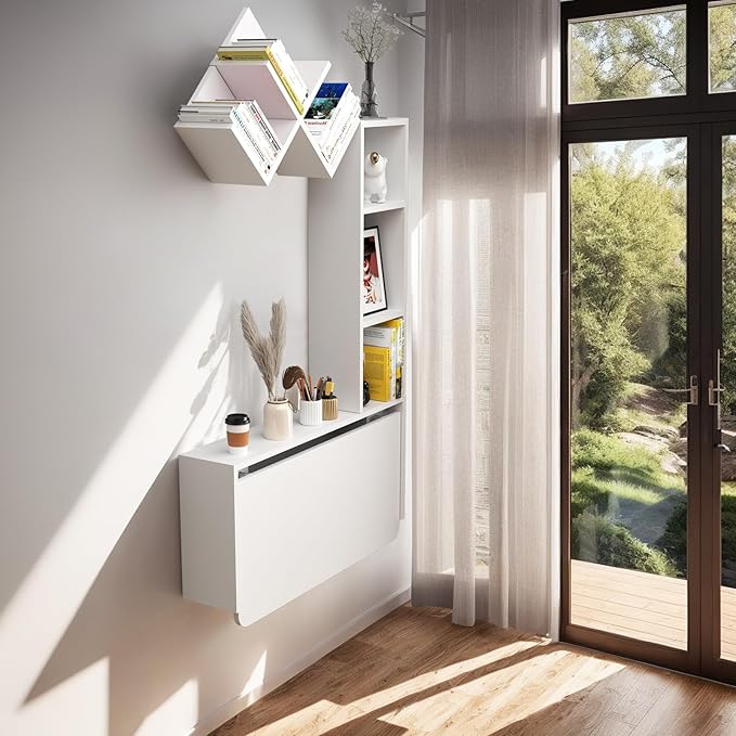 Folding Wall Mounted Drop Leaf Table, Foldable Desk with Moveable Cabinets, Floating Laptop with Convertible Storage Shelves, Multifunctional Computer Workstation in Home for Space Saving