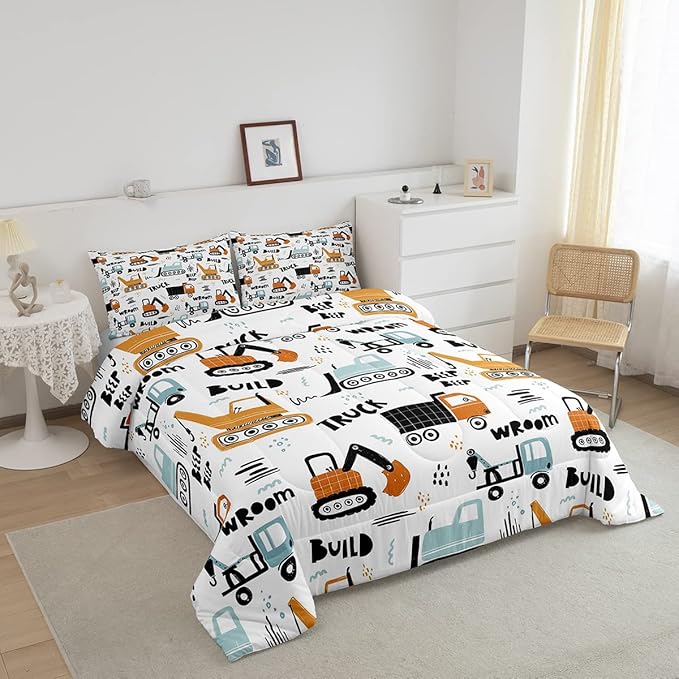 Kids Cartoon Excavator Bedding Set Boys Vehicles Truck Car Comforter Child Cute Building Equipment Comforter Set Funny Construction Transport Duvet Set Colorful Room Decor Full Size Boys