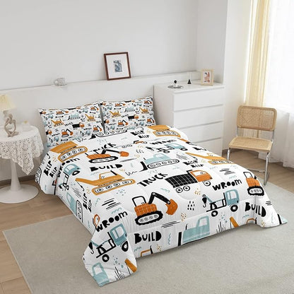 Kids Cartoon Excavator Bedding Set Boys Vehicles Truck Car Comforter Child Cute Building Equipment Comforter Set Funny Construction Transport Duvet Set Colorful Room Decor Full Size Boys