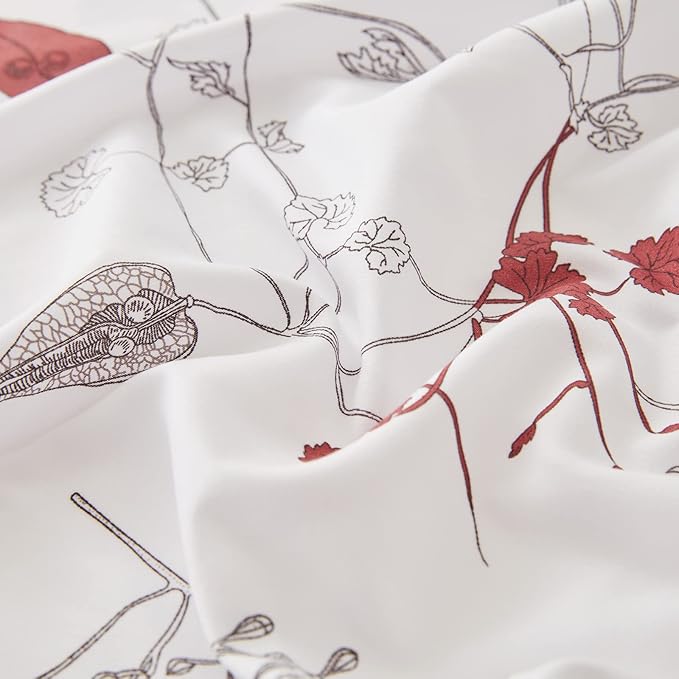 EMME Queen Comforter Set - Red Floral Bedding Set 7 PCS with Flowers Leaves Pattern, Soft Plant Printed Botanical Bed Set with Sheets, Fluffy Bed Bag for All Season(90"X90")