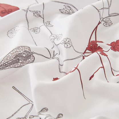 EMME Queen Comforter Set - Red Floral Bedding Set 7 PCS with Flowers Leaves Pattern, Soft Plant Printed Botanical Bed Set with Sheets, Fluffy Bed Bag for All Season(90"X90")