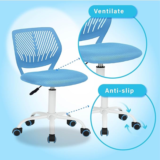 FurnitureR Writing Task Chair 360 Swivel,Low Mid PP Mesh Back Fabric Seat, Height Adjustable, Rolling Castor,W15.7”xD15.2”x H29.5-34.2",Blue