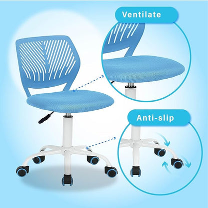 FurnitureR Writing Task Chair 360 Swivel,Low Mid PP Mesh Back Fabric Seat, Height Adjustable, Rolling Castor,W15.7”xD15.2”x H29.5-34.2",Blue