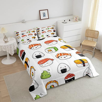 Sushi Pattern Comforter Set Japanese-Style Bedding Set for Kids Boys Girls Teens Food Theme Comforter Cute Cartoon Japanese Sushi Duvet Set Room Decor Quilt Set Full Size Microfiber