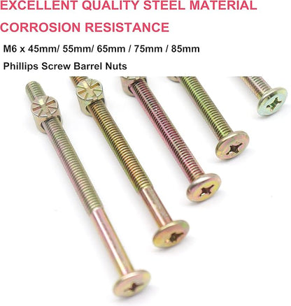 25-Set M6 Phillips Head Bolts Barrel Nuts Assortment Kit for Chairs Furnitures, Bunk Bed Crib Hardware Replacements Kit, M6x45mm/ 55mm/ 65mm/ 75mm/ 85mm Zinc Plated