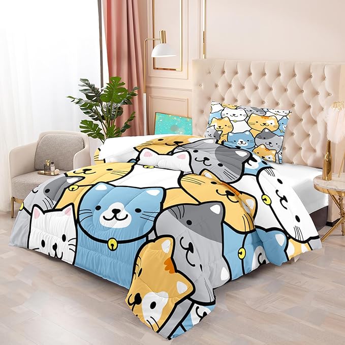 Cat Comforter Twin Size Cartoon Cat Comforter Set Cute Cat Print Bedding Sets for Girls Room Kids Cat Twin Quilt Set, 1 Comforter+1 Pillowcase