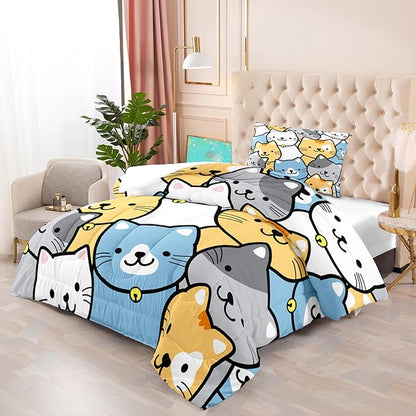 Cat Comforter Twin Size Cartoon Cat Comforter Set Cute Cat Print Bedding Sets for Girls Room Kids Cat Twin Quilt Set, 1 Comforter+1 Pillowcase