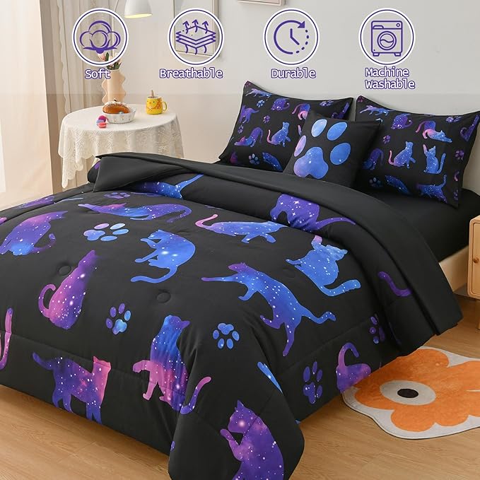 DORCAS Full Size Comforter Sets with Sheets for Girls Kids Cute Cat Full Size Bedding Sets 6 Pieces Bed-in-A-Bag for Girls Teens Kids