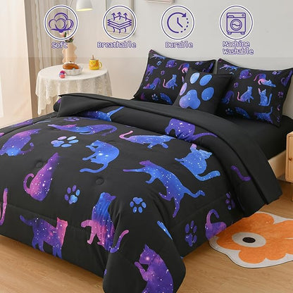 DORCAS Full Size Comforter Sets with Sheets for Girls Kids Cute Cat Full Size Bedding Sets 6 Pieces Bed-in-A-Bag for Girls Teens Kids