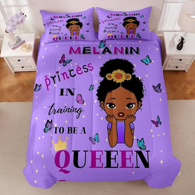 Black Girl Comforter Set Full for Kids,Black Girl Magic Bedding Set,African American Girl Inspirational Quotes Comforter Set,Black Princess Bed Bedroom Set