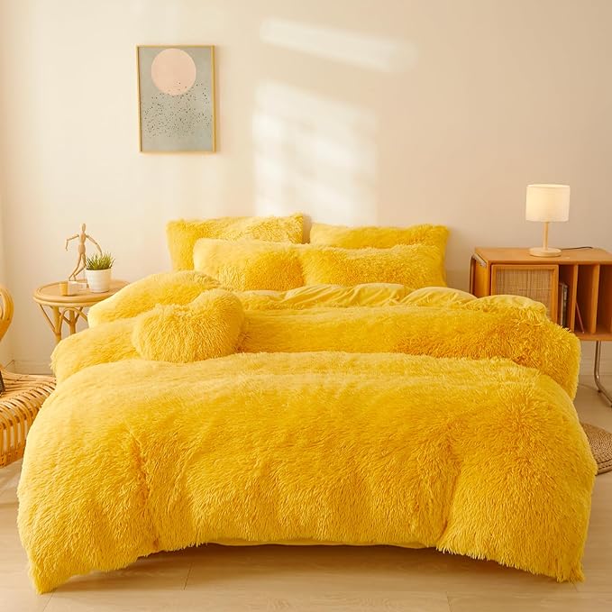FOPPA Yellow Plush Fluffy Comforter Cover Set Queen - Ultra Soft Faux Fur Yellow Bedding Sets 3 Pieces (1 Shaggy Duvet Cover + 2 Pillow case) Fuzzy Bed Set (Yellow, Queen)