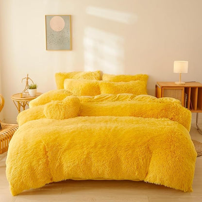 FOPPA Yellow Plush Fluffy Comforter Cover Set Queen - Ultra Soft Faux Fur Yellow Bedding Sets 3 Pieces (1 Shaggy Duvet Cover + 2 Pillow case) Fuzzy Bed Set (Yellow, Queen)