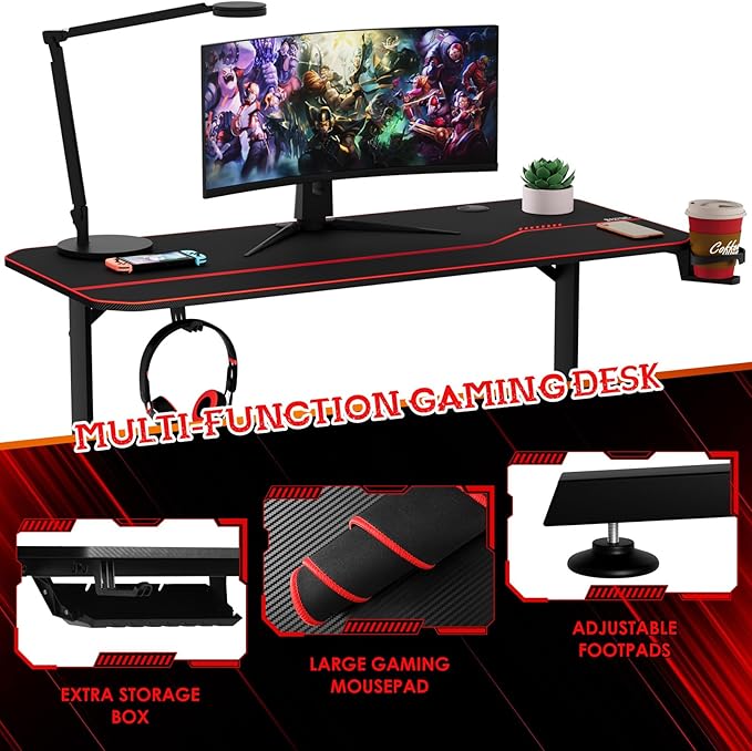 55'' Gaming Desk, Multi-Use Home Office T-Shaped Computer Workstation, Carbon Fiber Surface PC Study Table, Full Cover Mousepad, Drink Holder, Wire Holes, Headphone Hook, Cable Tray, Red