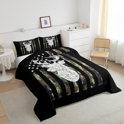 American Flag Comforter Set,Deer Hunting Down Comforter Army Green Military Camo Bedding Set Full For Boys Teens Kids Man,Western Farmhouse Stars Stripes Bedding Quilt Set Bedroom Decor 3 Pcs
