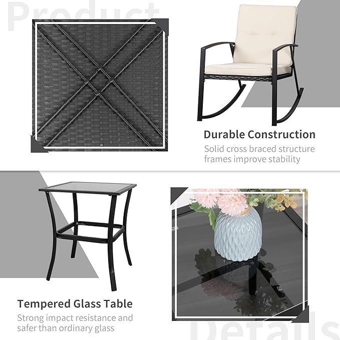 Shintenchi 3 Pieces Rocking Bistro Set Wicker Patio Outdoor Furniture, 2 Rattan Porch Chairs Conversation Sets with Glass Coffee Table (Beige)