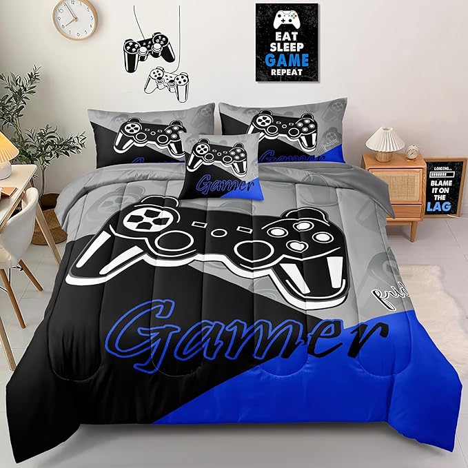 5 Pieces Gaming Bedding Set Twin Size for Boys Gamer Comforter Set for Boys Girls Kids Teens 5 Piece Bed in A Bag Video Game Bedding for Gamer Room Decorative Twin50