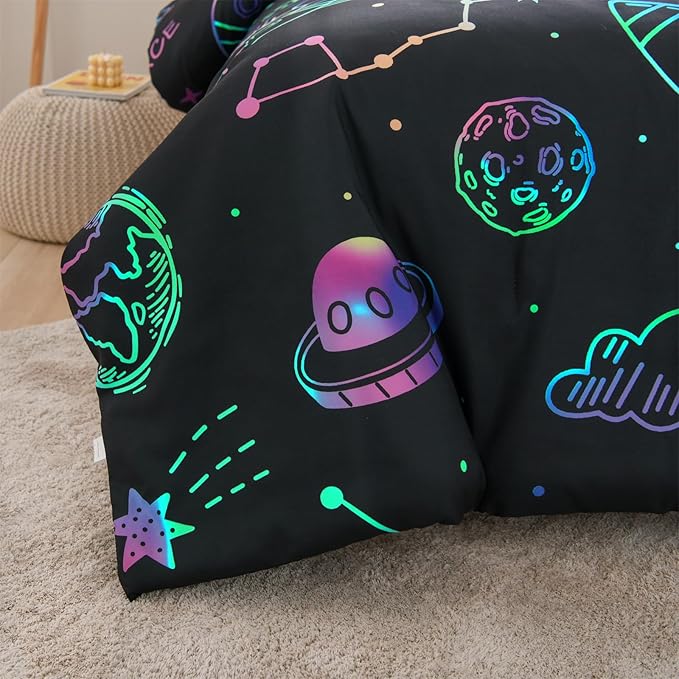 Aimuan Space Rocket Bedding Set Kid Comforter Set Full Size Super Soft & Cute Aliens UFO Printed Quilt Set for Teen Boys Girls (Black, Full)