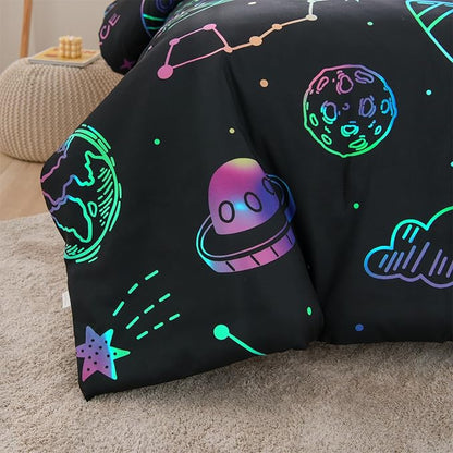 Aimuan Space Rocket Bedding Set Kid Comforter Set Full Size Super Soft & Cute Aliens UFO Printed Quilt Set for Teen Boys Girls (Black, Full)