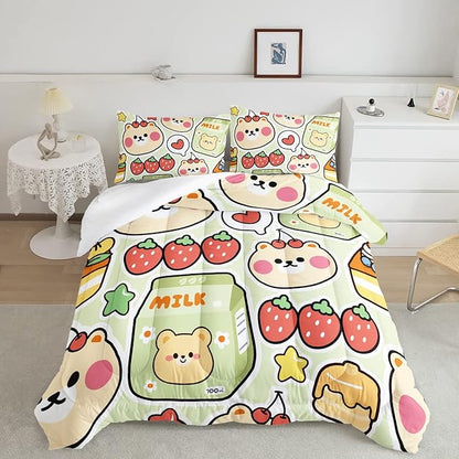 Datura home Kawaii Strawberry Bear Comforter Bedding Set for Kids Boys and Girls Teens, Cute Cartoon Fruit Print Light Green with 1 2 Pillowcases(Kawaii Twin 68x86inches)