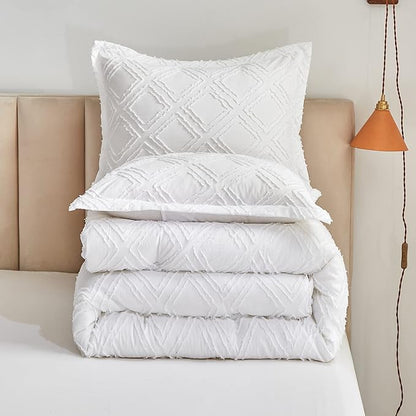 6 Pieces Tufted Bed in a Bag Twin Comforter Set with Sheets White, Soft and Embroidery Shabby Chic Boho Bohemian Design, Luxury Solid Color with Diamond Pattern, Jacquard Tufts Bedding Set for Kids